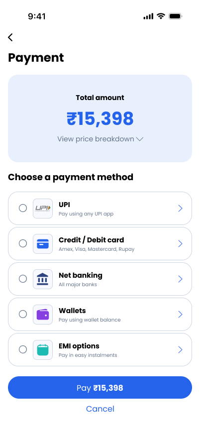 TravelVista Payment screen