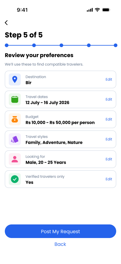 TravelVista Review Preferences screen