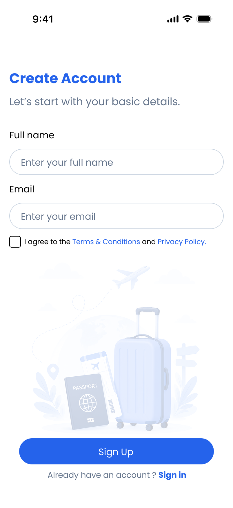 Create Account screen with full name and email fields and a terms and privacy agreement