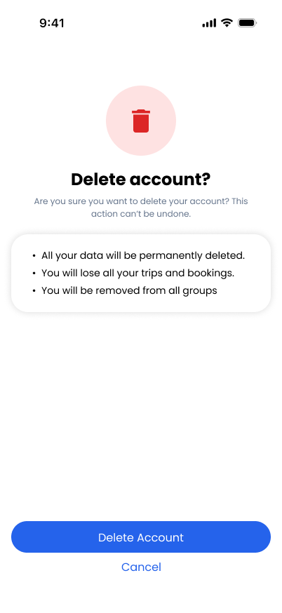 TravelVista Delete Account screen