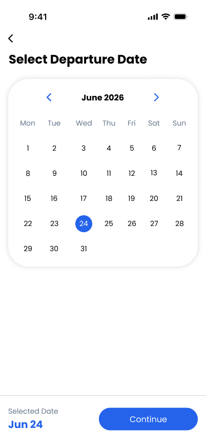 TravelVista Departure Date screen