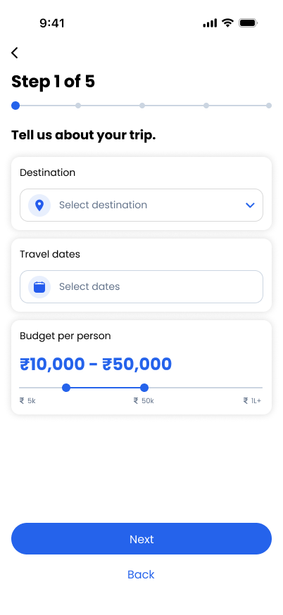 TravelVista Destination & Budget screen