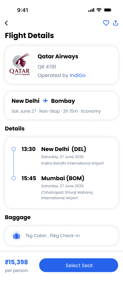 TravelVista Flight Details screen