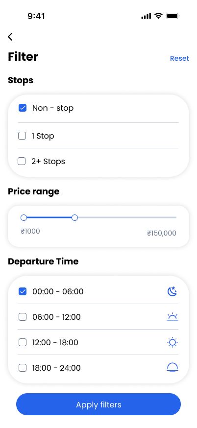 TravelVista Filters screen