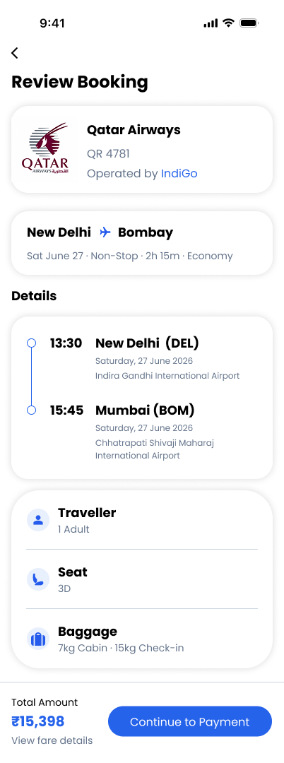 TravelVista Review Booking screen