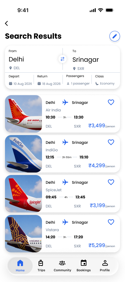 TravelVista Flight Search Results screen