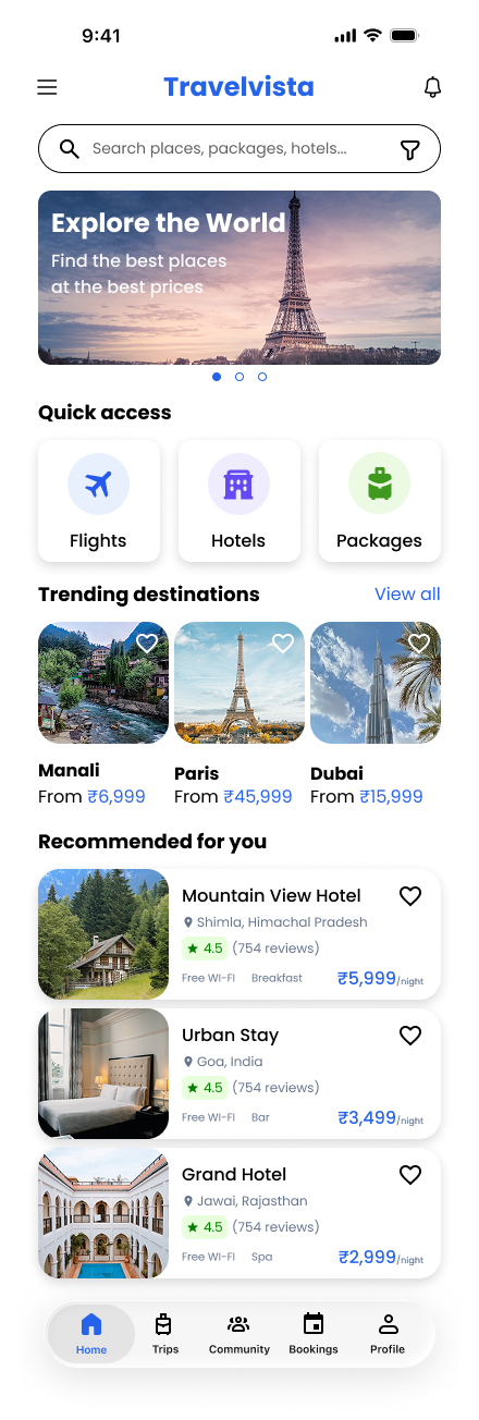 TravelVista home screen with search, quick access, trending destinations, and recommended stays