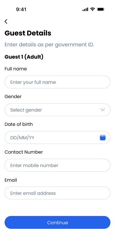 TravelVista Guest Details screen