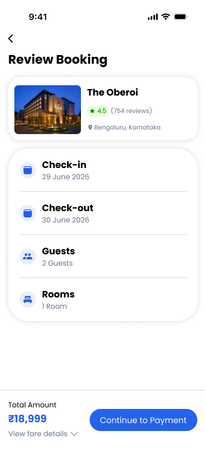 TravelVista Review Booking screen
