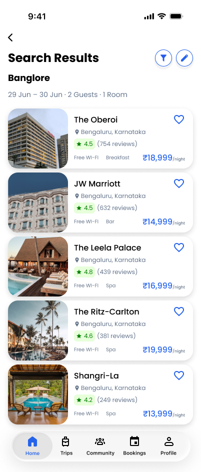TravelVista Hotel Search Results screen