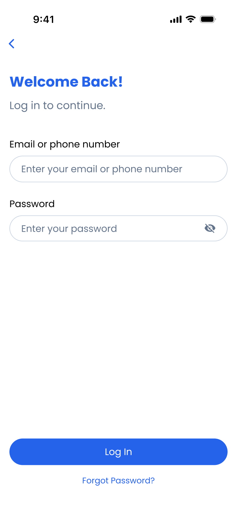 Welcome Back login screen with email or phone number and password fields