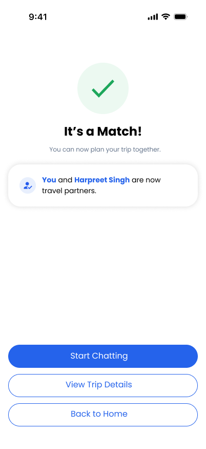 TravelVista Match Confirmed screen