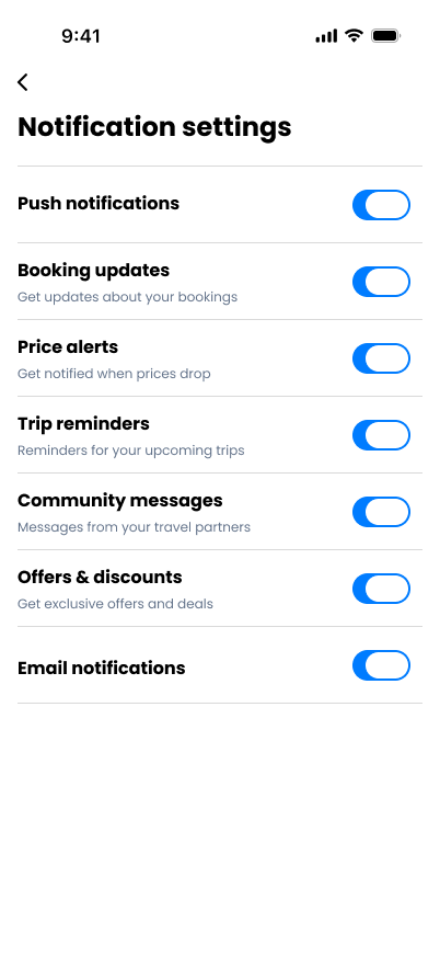 TravelVista Notification Settings screen