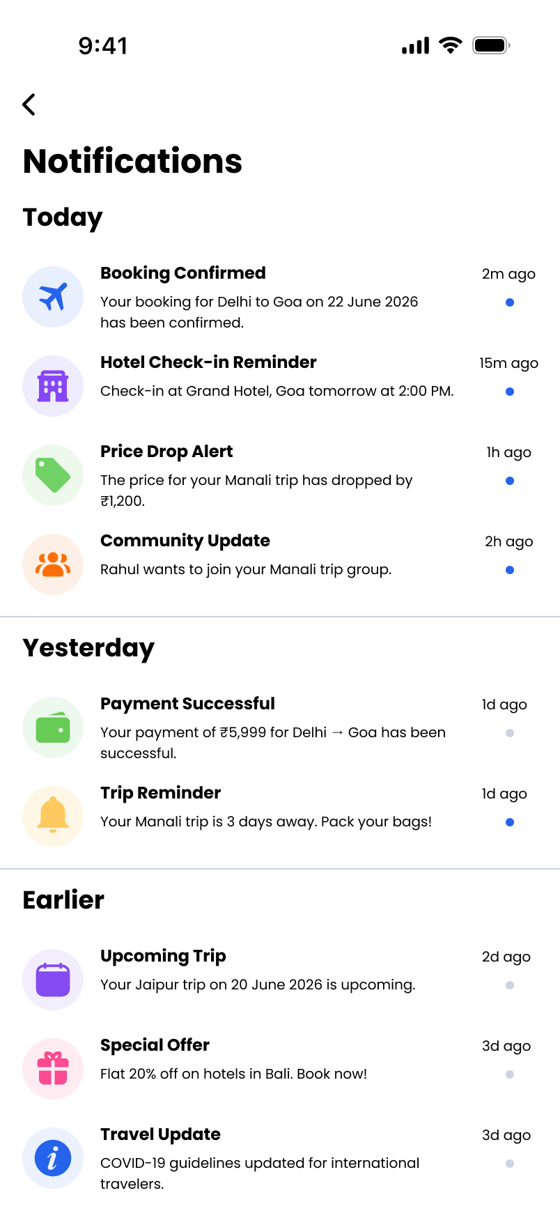 TravelVista notifications screen grouped into Today, Yesterday, and Earlier