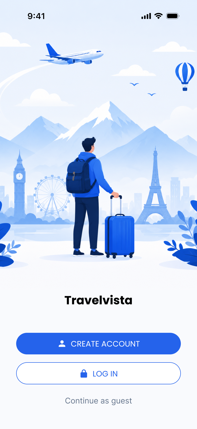 TravelVista onboarding screen with a traveler and travel destinations, with Create Account, Log In, and Continue as guest options