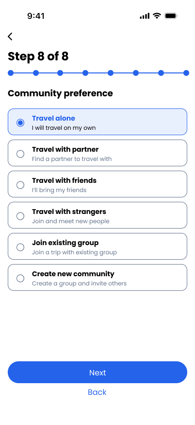 TravelVista Community Preference screen