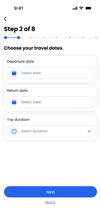TravelVista Travel Dates screen