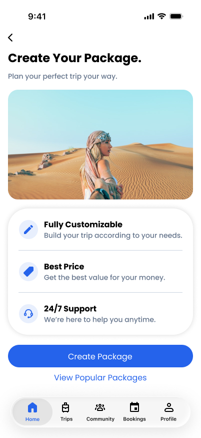 TravelVista Create Your Package screen