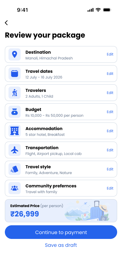 TravelVista Review Package screen
