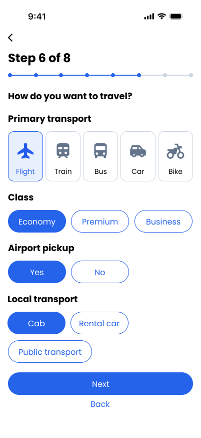 TravelVista Transport screen