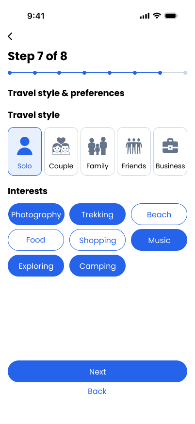 TravelVista Travel Style & Preferences screen