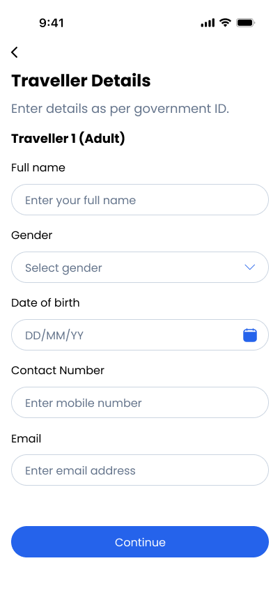 TravelVista Traveller Details screen