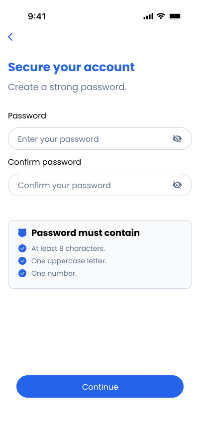 Secure your account screen with password and confirm password fields and password requirements