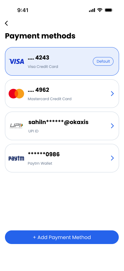 TravelVista Payment Methods screen