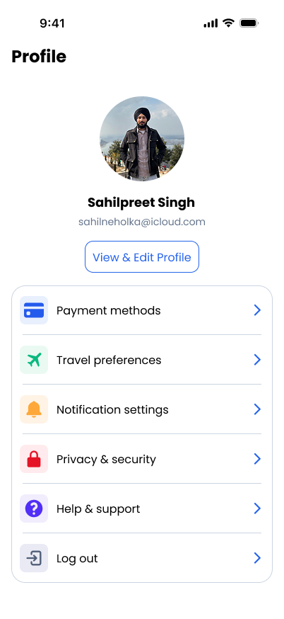 TravelVista Profile screen