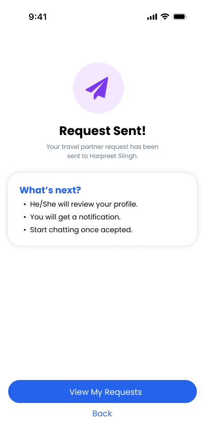 TravelVista Request Sent screen