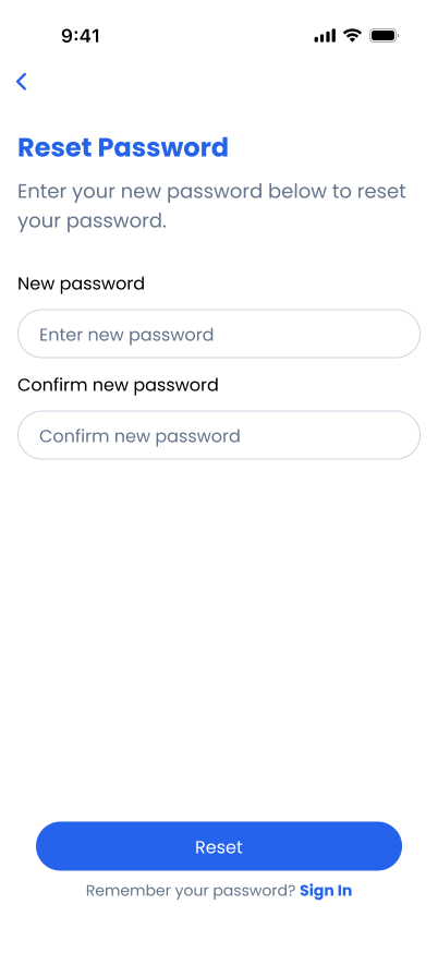 Reset Password screen with new password and confirm new password fields