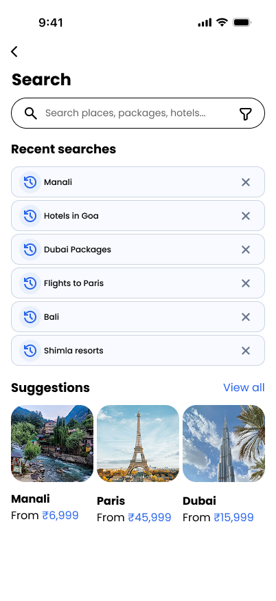TravelVista search screen with recent searches and destination suggestions