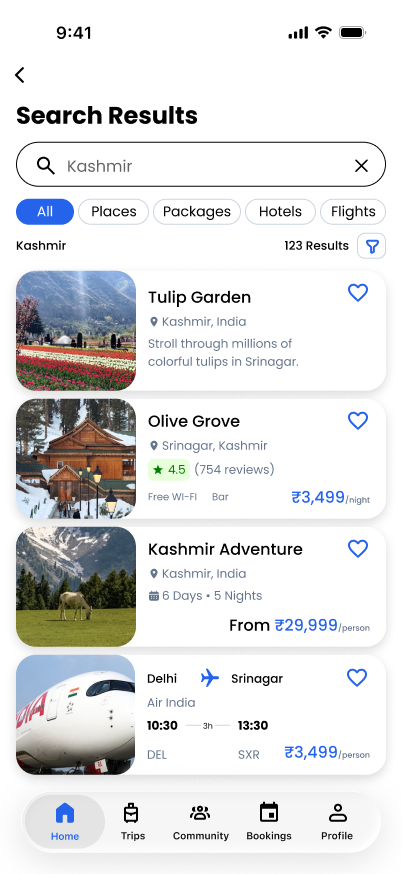 TravelVista search results screen with filters and results for Kashmir
