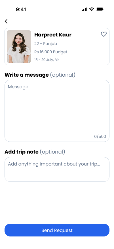 TravelVista Send Request screen