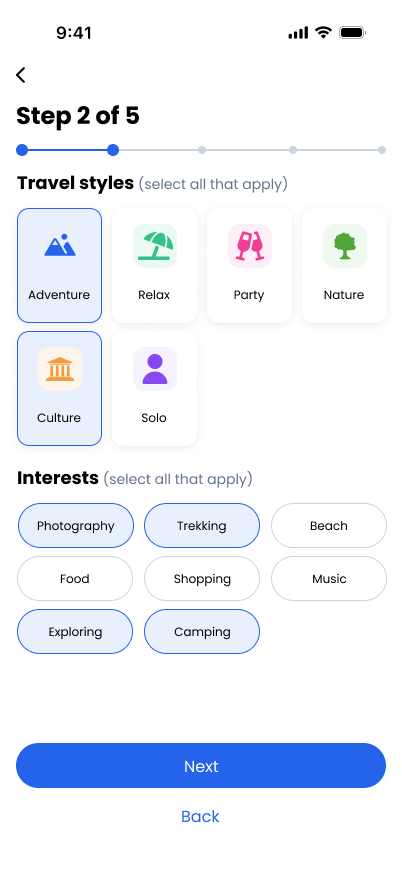 TravelVista Travel Style screen