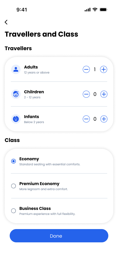 TravelVista Travellers and Class screen