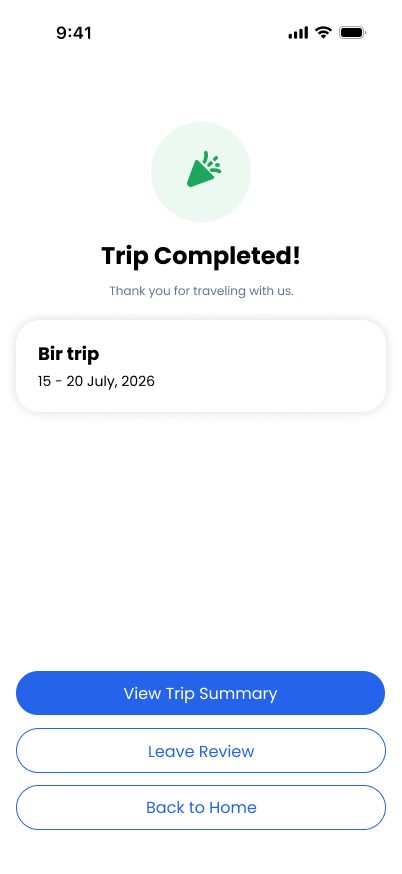 TravelVista Trip Completed screen