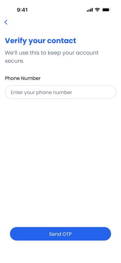 Verify your contact screen with a phone number field and Send OTP button