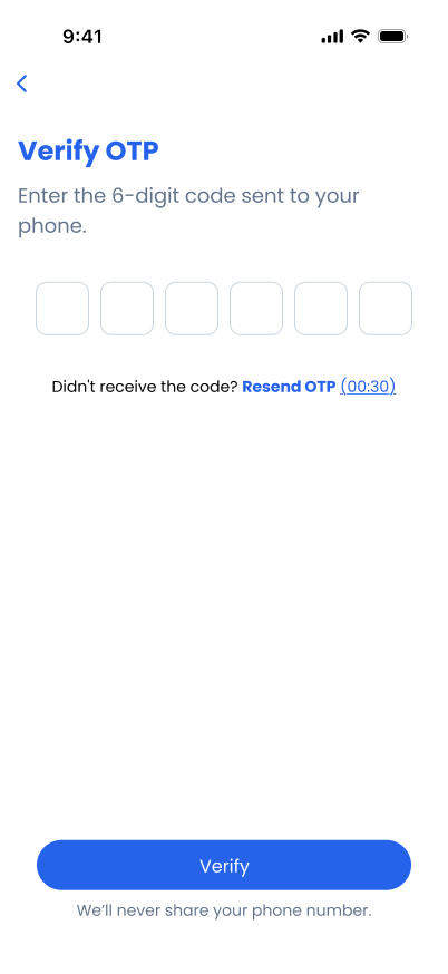 Verify OTP screen with six code boxes and a Verify button